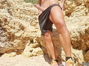 Sexy guy masturbating his big cock in a public beach - Almost Caught