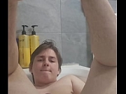 Chubby boy jerks off and cums in bathtub